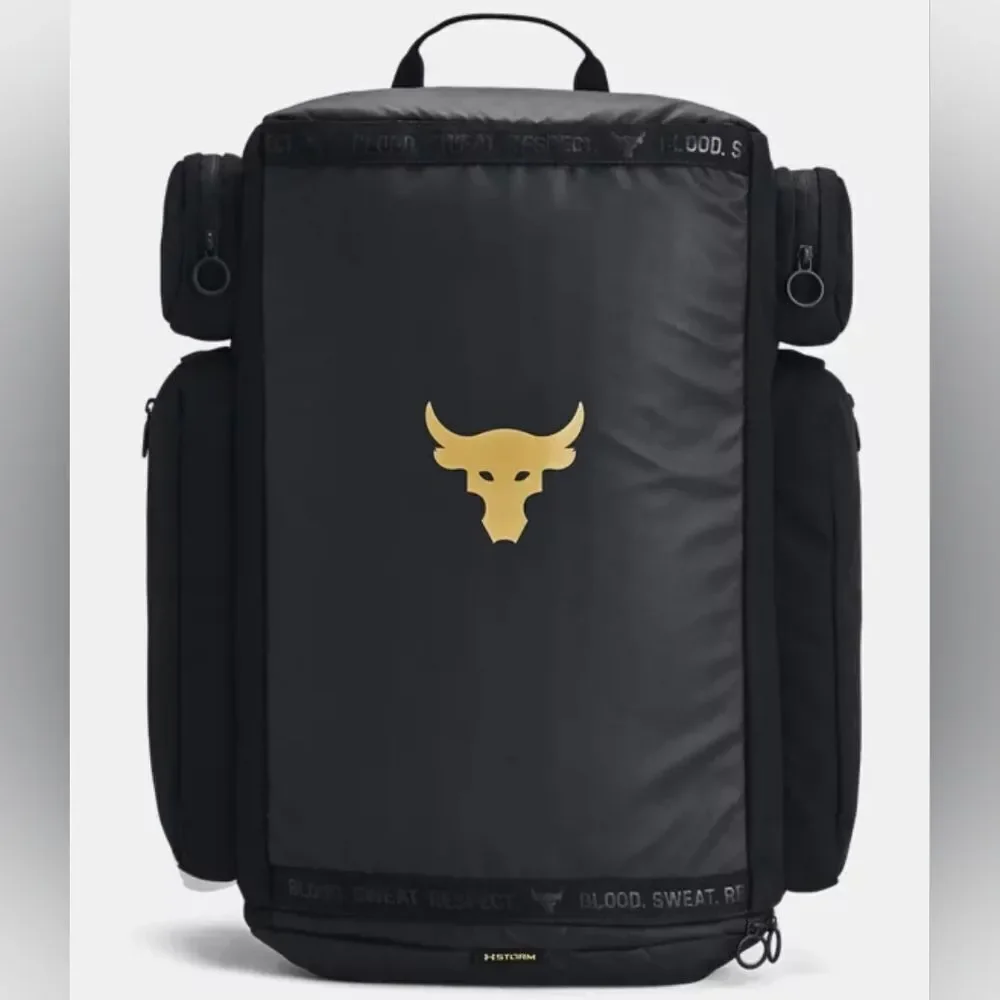 UA Under Armour Project Rock Duffle Backpack Bag Black Gold Gym New 1376459-002